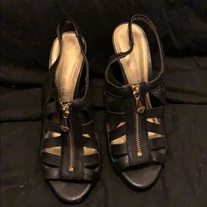 Black Heeled Sandals with Gold Zipper